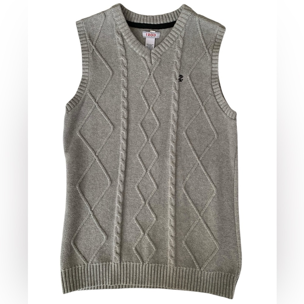 IZOD Sweater Vest Boys Large (14-16) Gray Cable Knit V Neck Pullover Preppy